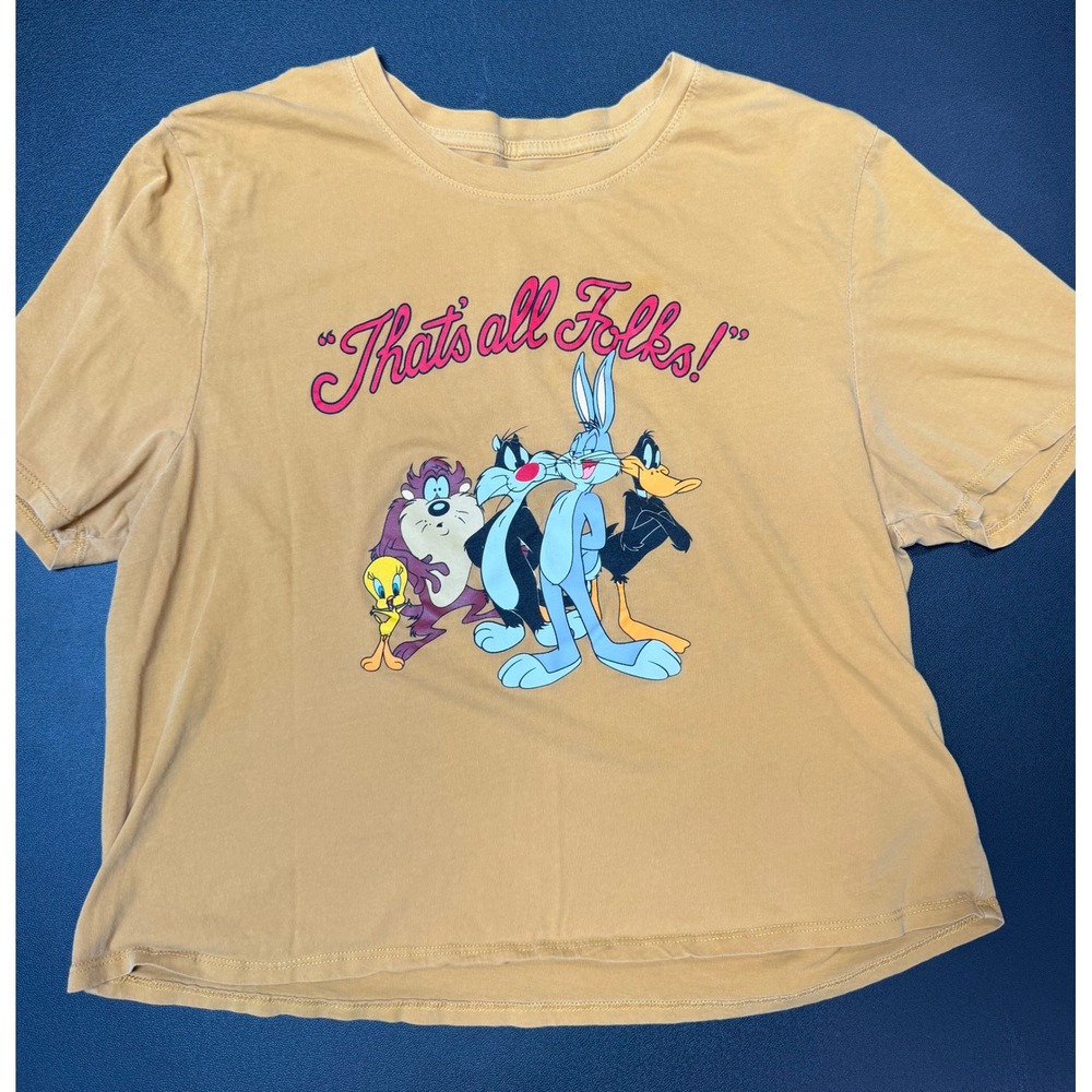 Looney Tunes Graphic T-Shirt XL Mustard Yellow Bugs Bunny Thats All Folks Cotton